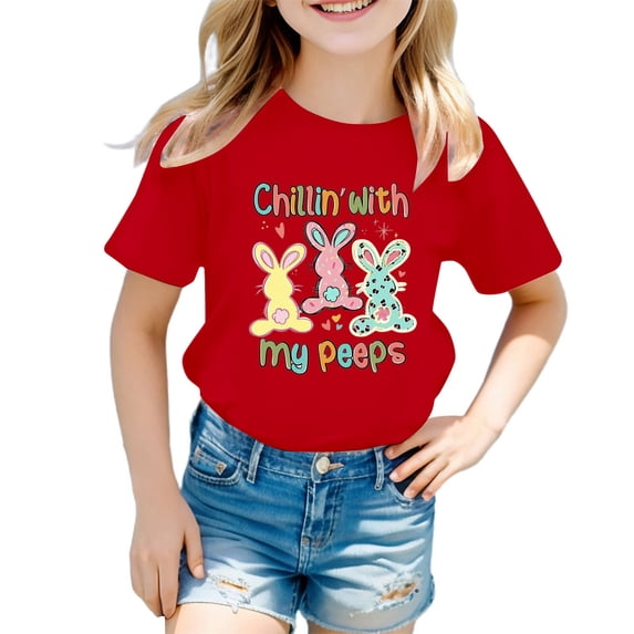 Girls Summer Graphic Tee Cute Easter Printed Short Sleeve T-Shirt for Kids Casual Comfortable Top Size:7-8 Years