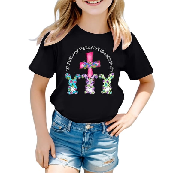 Girls Summer Graphic Tee Cute Easter Printed Short Sleeve T-Shirt for Kids Size:5-6 Years