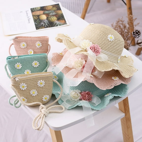 Girls Summer Hat Bag Set Wide Brim Hat Sun Beach Hats with Shoulder Bag