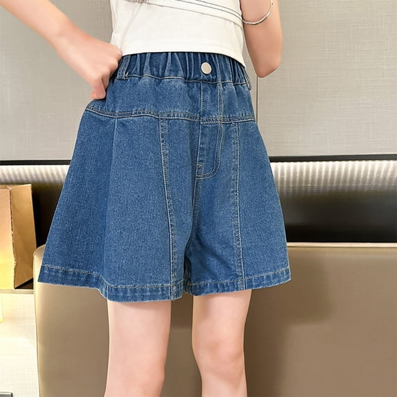 Girls Summer High Elastic Waisted Skirt Shorts Casual Wide Leg Flared A Line Pleated Denim Jean Shorts with Pockets