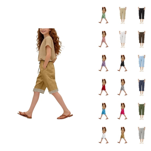 Girls Summer High Waist Wide Leg Cropped Pants With Pockets Casual Comfortable Like Design