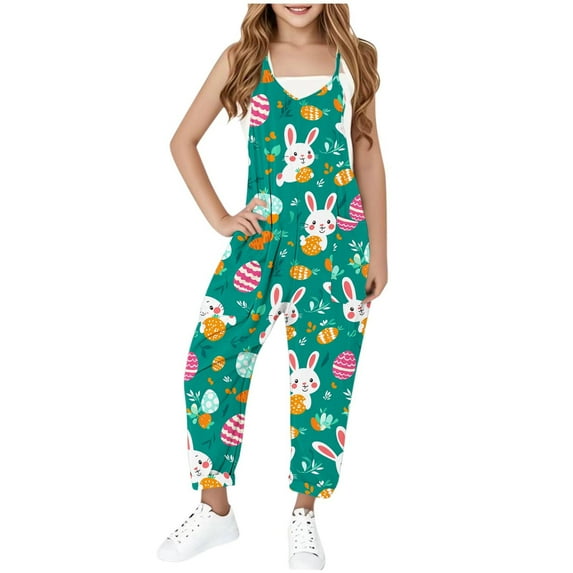 Girls Summer Jumpsuits Spaghetti Strap Sleeveless Loose Romper Short Pants With Pockets Green 7-8 Years