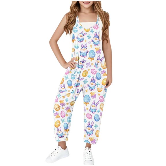 Girls Summer Jumpsuits Spaghetti Strap Sleeveless Loose Romper Short Pants With Pockets White 7-8 Years
