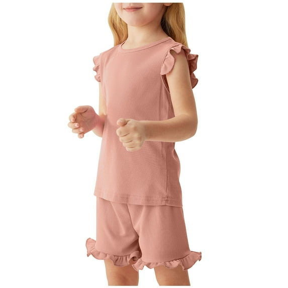 Girls Summer Knit Clothing Sets Cute Ruffle Trim Tank Tops and Shorts Cute Sleeveless 2 Piece Outfits 3-10 Years