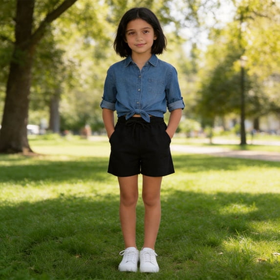 Girls Summer Lightweight Linen Shorts Casual Boho High Waisted Pull On Drawstring Black Comfy Shorts 5-6 Years