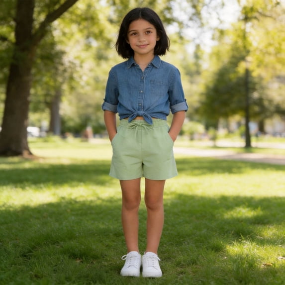 Girls Summer Lightweight Linen Shorts Casual Boho High Waisted Pull On Drawstring Green Comfy Shorts 7-8 Years