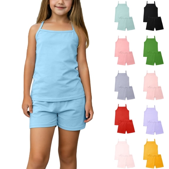 Girls' Summer Lounge Outfits Camisole Sleeveless Top & Shorts 2 Piece Pjs Sets Cotton Soft Sleepwear Homewear (7-10 Years, Light Blue)