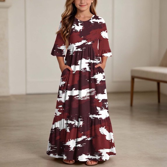 Girls Summer Maxi Dress Kids Camouflage Print Short Sleeve T-Shirt Dress for School Casual Dress with Pockets Red 11-12 Years