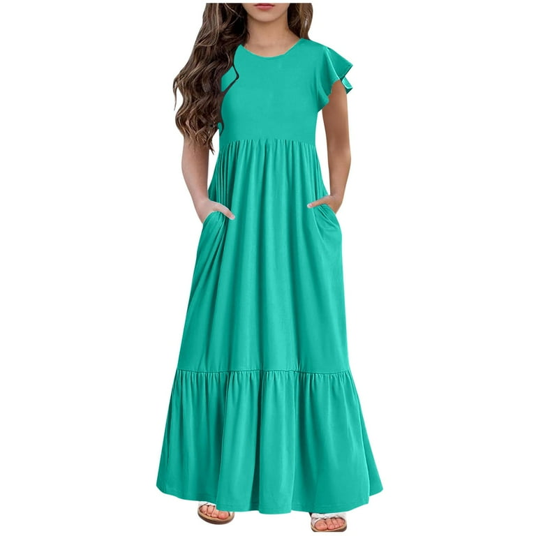 Girls Summer Maxi Dress, Ruffle Short Sleeve Boho Dresses, Tween a Line  Flowy Casual Sundress with Pockets Kids Cotton Dress Mint Green 130 -  Walmart.com