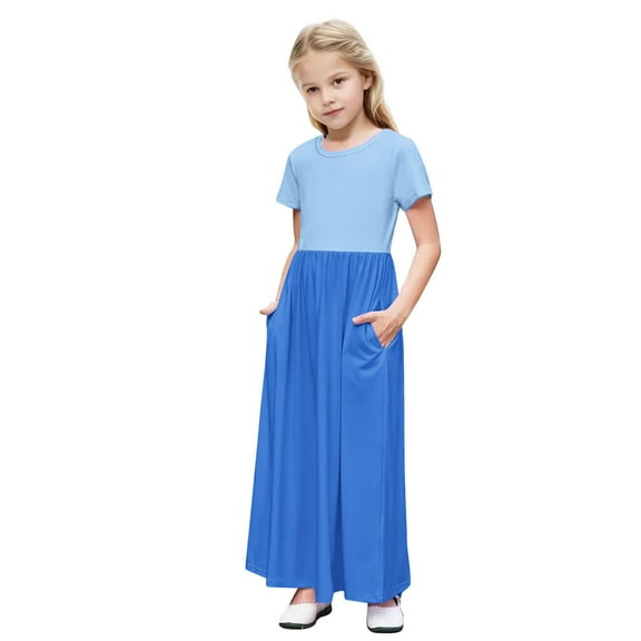 Girls Summer Maxi Dress, Short Sleeve Boho Ruffle Dresses, Tween a Line Flowy Casual Patchwork Sundress with Pockets Child Party Dress Blue 4Y