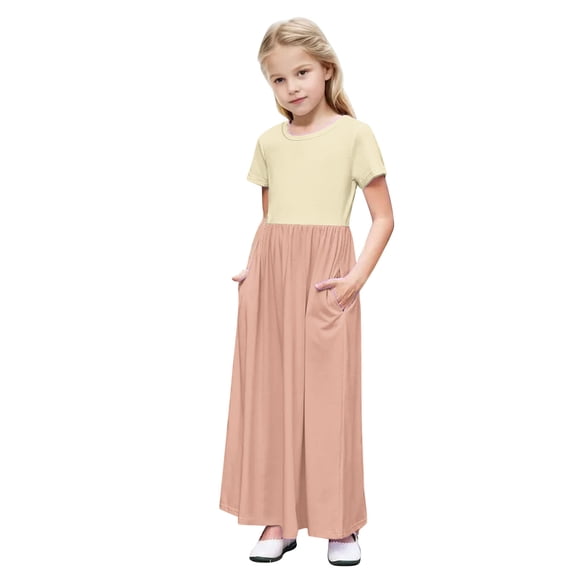 Girls Summer Maxi Dress, Short Sleeve Boho Ruffle Dresses, Tween a Line Flowy Casual Patchwork Sundress with Pockets Child Plus Size Party Dress 4Y