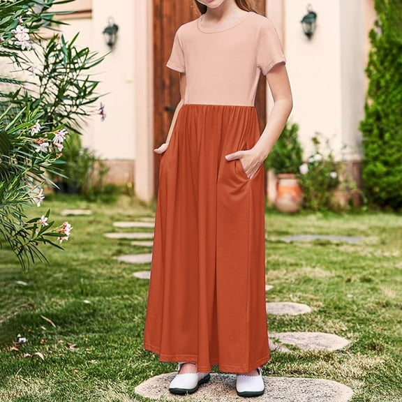 Girls Summer Maxi Dress, Short Sleeve Boho Ruffle Dresses, Tween a Line Flowy Casual Patchwork Sundress with Pockets Kids Evening Dress Orange 13Y