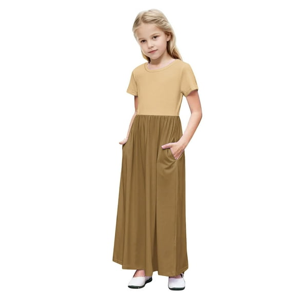 Girls Summer Maxi Dress, Short Sleeve Boho Ruffle Dresses, Tween a Line Flowy Casual Patchwork Sundress with Pockets Kids Short Dresses Coffee 5Y