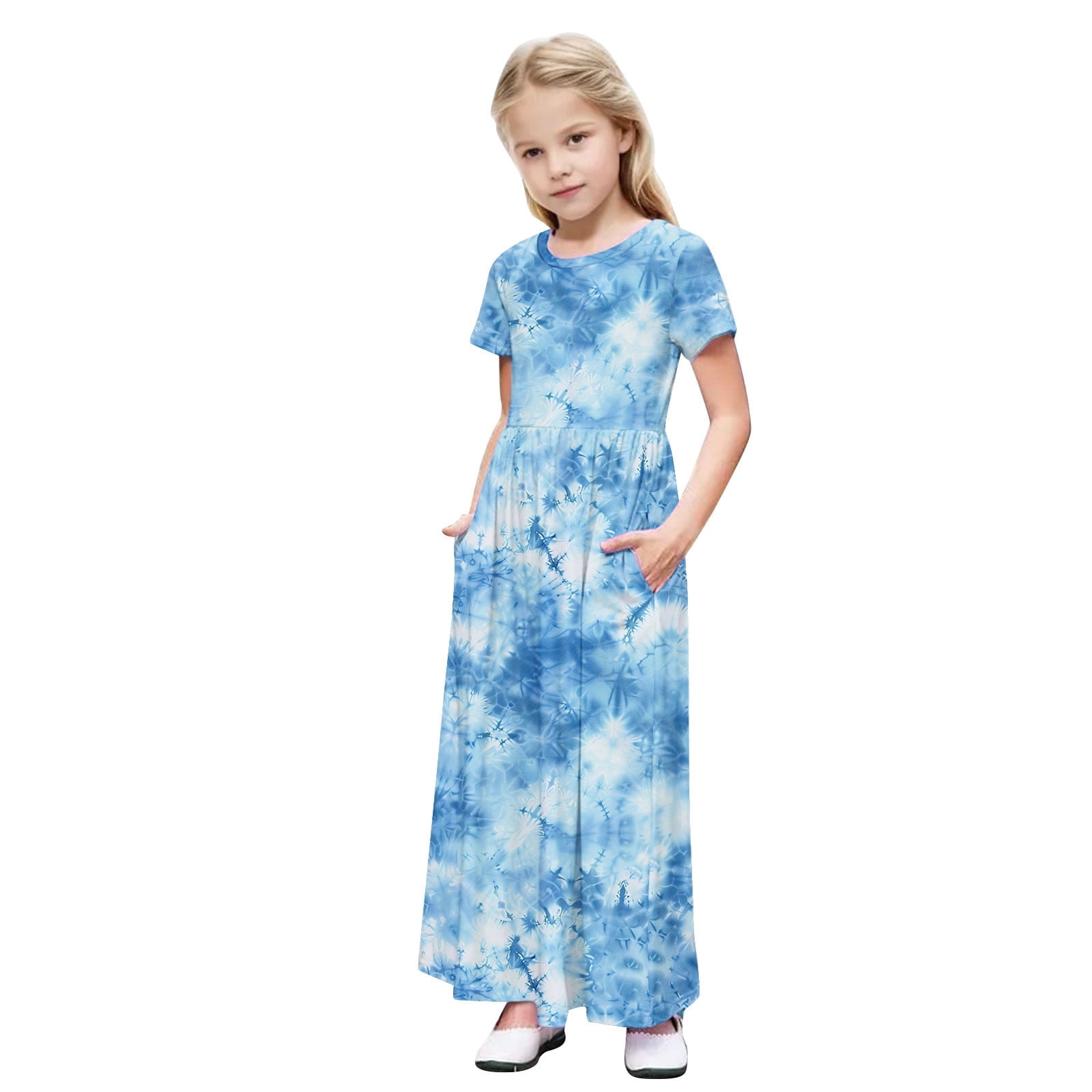Girls Summer Maxi Dress Short Sleeve Crew Neck Pleated Dresses With Pockets Loose Casual Comfy Clothes (13 Years, Sky Blue)