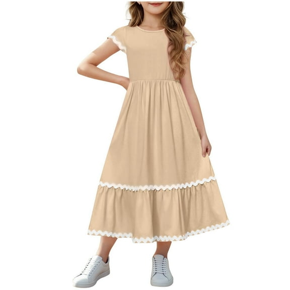 Girls Summer Maxi Dresses Short Sleeve Casual A-Line Flowy Tiered Dress Beach Sundress with Pockets for 5-15 Years
