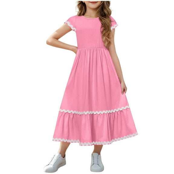 Girls Summer Maxi Dresses Short Sleeve Casual A-Line Flowy Tiered Dress Beach Sundress with Pockets for 5-15 Years