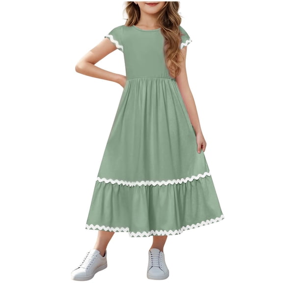 Girls Summer Maxi Dresses Short Sleeve Casual A-Line Flowy Tiered Dress Beach Sundress with Pockets for 5-15 Years