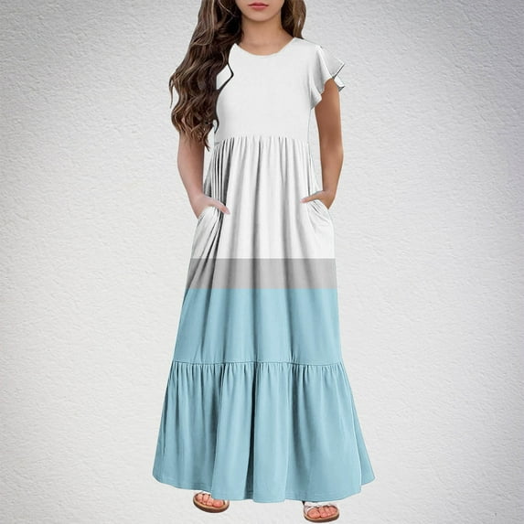 Girls Summer Maxi Dresses with Pockets 2025 Size 6-12 Kids Trendy Ruffle Short Sleeve Crewneck Color-Block Loungewear Long Dress
