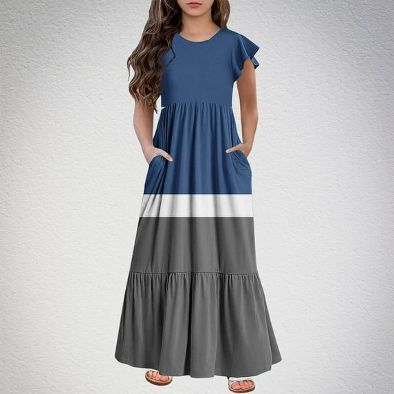 Girls Summer Maxi Dresses with Pockets 2025 Size 6-12 Kids Trendy Ruffle Short Sleeve Crewneck Color-Block Loungewear Long Dress