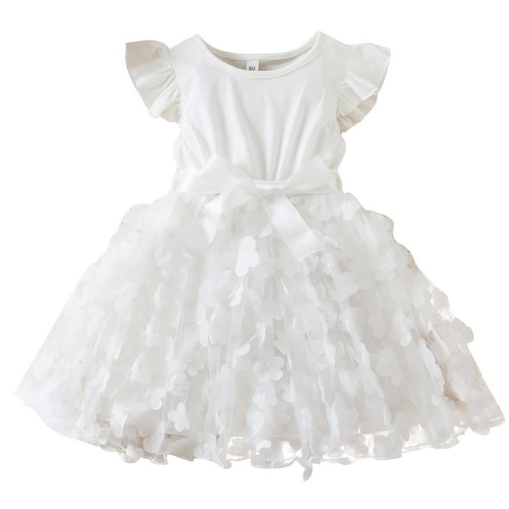 Girls Summer New Princess Dress Flower Mesh Dress Baby Girls Birthday Weekend Dress Skirt White,9-12 Months