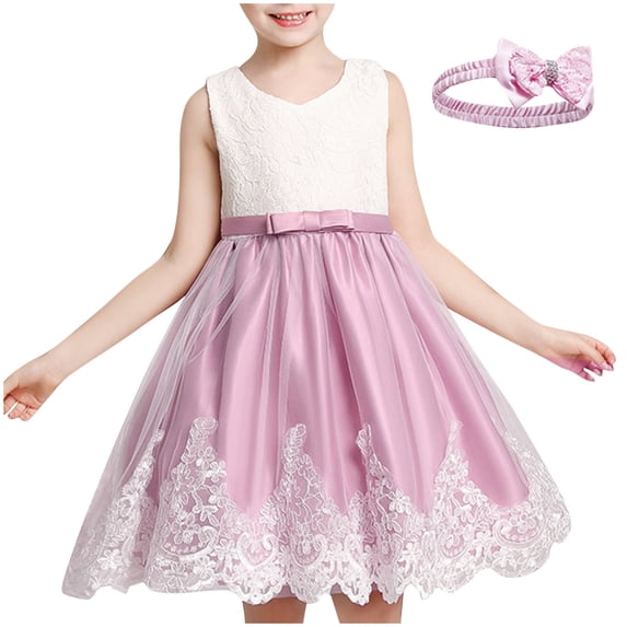 Girls' Summer New Sleeveless Ruffled Lace Round-Neck Embroidery Mesh Princess Bow Skirt Summer Beach Dress For Girl Style Dress
