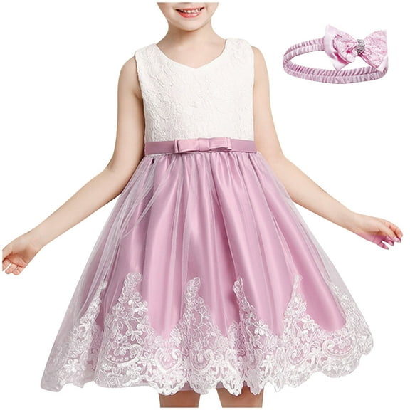Girls' Summer New Sleeveless Ruffled Lace Round-Neck Embroidery Mesh Princess Bow Skirt Summer Beach Dress For Girl Summer Dress