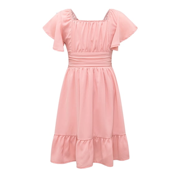 Girls Summer Off Shoulder Tie Back Dress - Polyester A-Line Mini Dress - 4-13 Years Sizes, Square Neck, Ruffled Hem, Elastic Waist