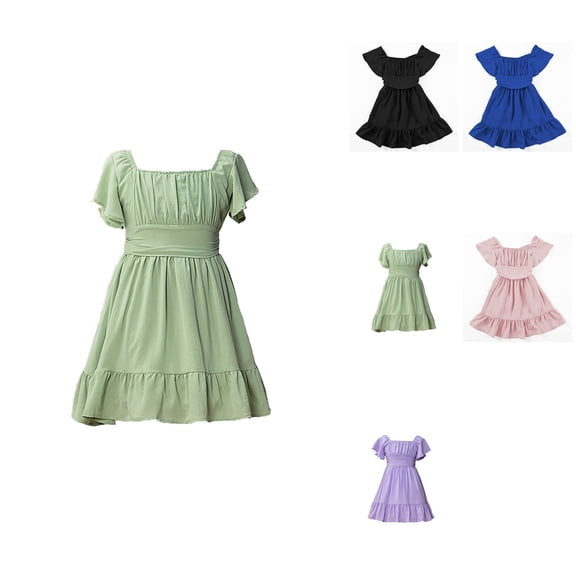 Girls Summer Off-Shoulder Tie-Back Dress, Tween Kids Ruffle Sleeve Casual Sundress, Sizes 4-13 Years