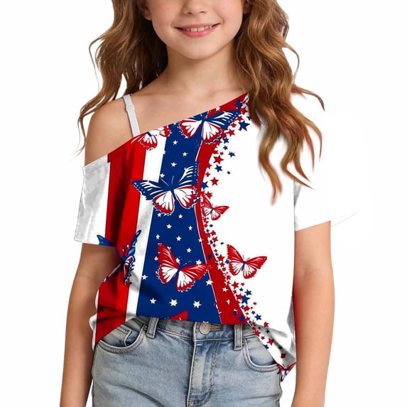 Auroural Girls 250 Anniversary Usa Shirts Summer One Shoulder Short Sleeve T Shirts Casual Cute Suit for 5-14Y Girls Summer Clothes 10-12