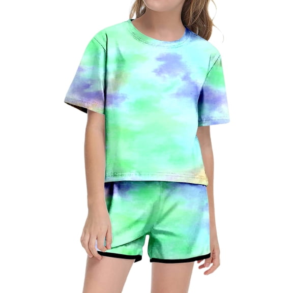 Girls Summer Outfit 10-12 Print Short Sleeve Top And Shorts Set Cute Round Neck Pocket Casual Outfit For Teens Juniors Lightweight Comfortable