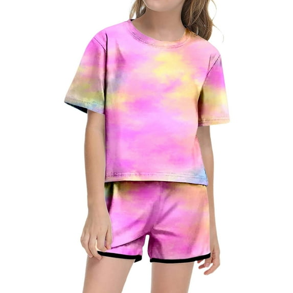 Girls Summer Outfit 10-12 Print Short Sleeve Top And Shorts Set Cute Round Neck Pocket Casual Outfit For Teens Juniors Lightweight Comfortable