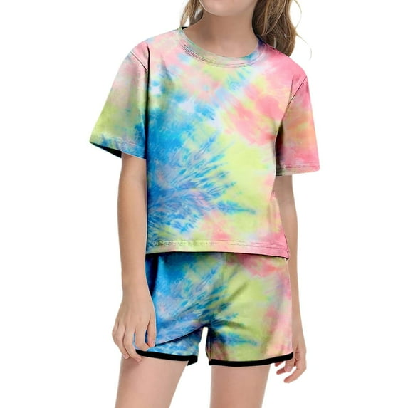 Girls Summer Outfit 10-12 Print Short Sleeve Top And Shorts Set Cute Round Neck Pocket Casual Outfit For Teens Juniors Lightweight Comfortable