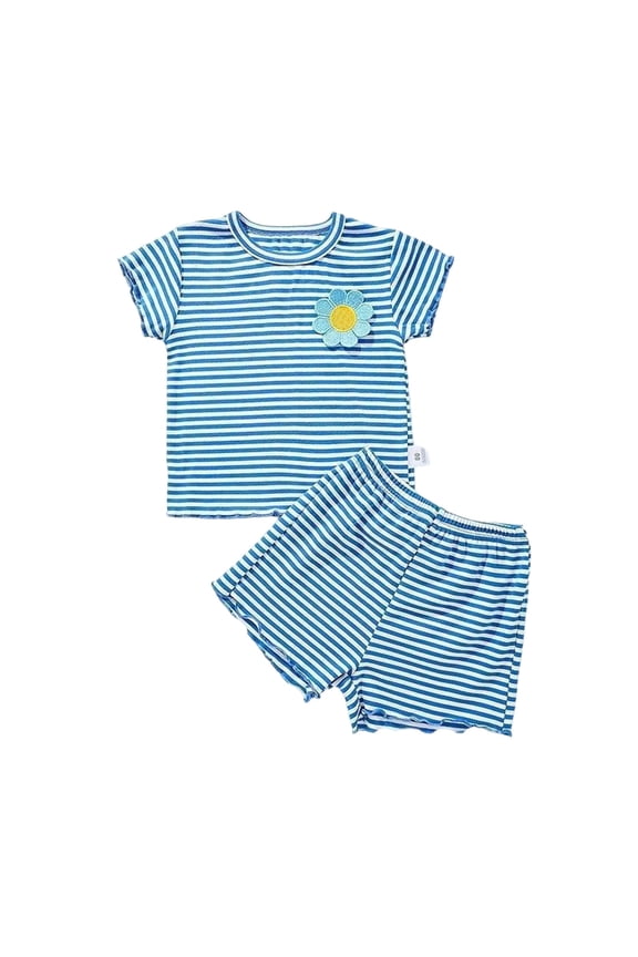 Girls Summer Outfit 2 Piece Set - Striped T-Shirt with Matching Shorts Casual Sporty Kids Clothes for Toddler Youth Ages 1-10(Blue/90)
