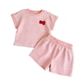 thumbnail image 1 of Girls Summer Outfit 2 Piece Set - Striped T-Shirt with Matching Shorts Casual Sporty Kids Clothes for Toddler Youth Ages 1-10(Pink/140), 1 of 3