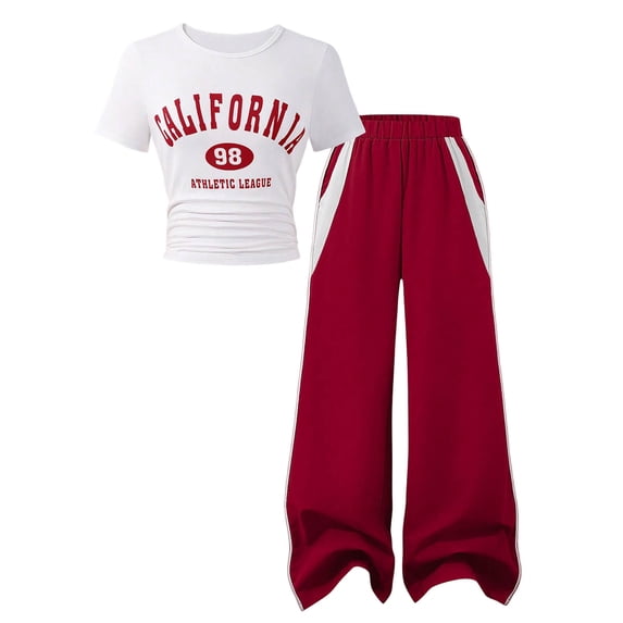 Girls Summer Outfit: 2 Piece Set with Letter Print Top & Wide Leg Pants with Pockets 8-11Y