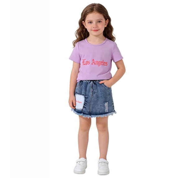 Girls Summer Outfit Fashion Printed T Shirt And Denim Skirt Casual Two Piece Playwear Comfy Purple 3-4 Years