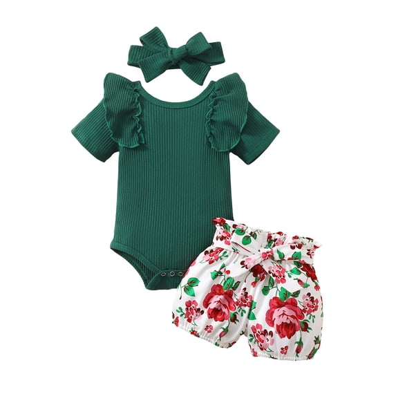 Girls Summer Outfit Ribbed Ruffle Bodysuit Floral Bloomer Shorts Headband 3 Piece Baby Clothes Set 0-24M