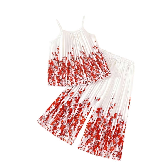 Girls Summer Outfit Set 2 Piece Red Gradient Floral Cami & Wide Leg Pants Kids Playdate Pajama Set 2T-9,Size 8-9T