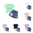 thumbnail image 1 of Girls Summer Outfit Sets 2 Piece Short Sleeve Graphic T-shirt & Raw Hem Denim Skirt Spring Summer Casual Girls' Clothing Sets (LA-Green 4T-5), 1 of 7