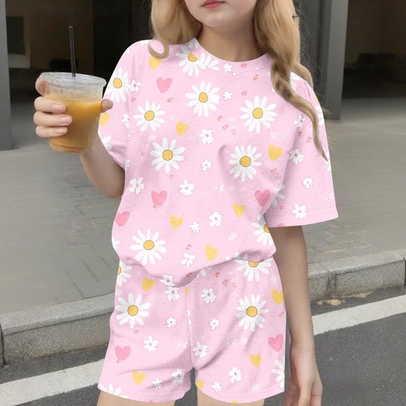 Girls Summer Outfit Sets 2 Piece Summer Printing Leisure Round Neck Short Sleeves Top and Shorts Casual Cute Daily Wear Two Comfortable Piece Set for Kids 3-15 Years