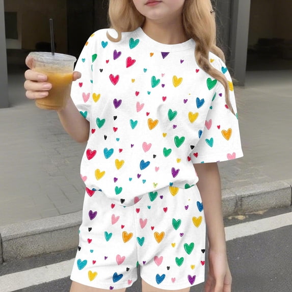 Girls Summer Outfit Sets 2 Piece Summer Printing Leisure Round Neck Short Sleeves Top and Shorts Casual Cute Daily Wear Two Comfortable Piece Set for Kids 3-15 Years