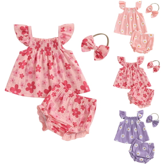 Girls Summer Outfits 18 Months Baby Girl Summer Clothes Flying Sleeve Smocked Babydoll T-shirt Tops Ruffle Shorts Cute Newborn Outfits 2Pcs Set