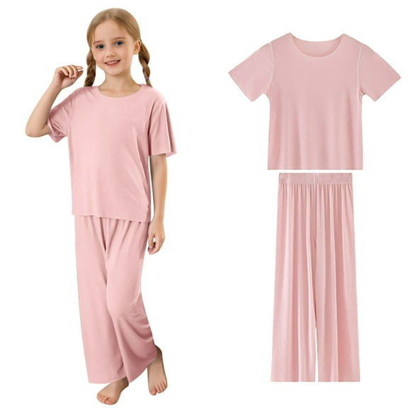 Girls Summer Outfits 2-15 Years Soft Breathable Ribbed Knit Top and Pants Set Casual Comfortable Daily Wear