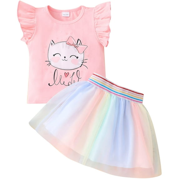 Sytepopcy Toddler Girls Tutu Skirt Sets 2 Piece Cat Print Outfits 2-7T (355)