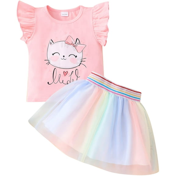 Sytepopcy Toddler Girls Tutu Skirt Sets 2 Piece Cat Print Outfits 2-7T (355)