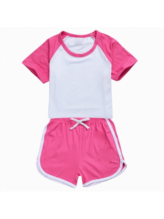 Girls Summer Outfits 2-Piece Clothes Color Block Print Short Sleeve Top and Camo Short Sets Teen Girl Clothes Hot Pink 8-10 Years