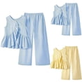 thumbnail image 1 of Girls Summer Outfits 2 Piece Crew Neck Solid Print Sleeveless Stripe Lace Tops And Wide Leg Pants Casual Girls' Clothing Sets Yellow 8 Years-9 Years, 1 of 3