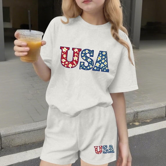 Girls Summer Outfits 2 Piece Set Round Neck Printing Leisure Short Sleeves Top and Solid Color Shorts Comfortable Lightweight Casual Cute Daily Wear 3-15 Years