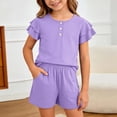 thumbnail image 1 of Girls Summer Outfits 2 Piece Sets Ruffle Short Sleeve Button Down Shirts and Shorts Set Kids Clothes with Pockets Purple Size 7-8 Years, 1 of 4