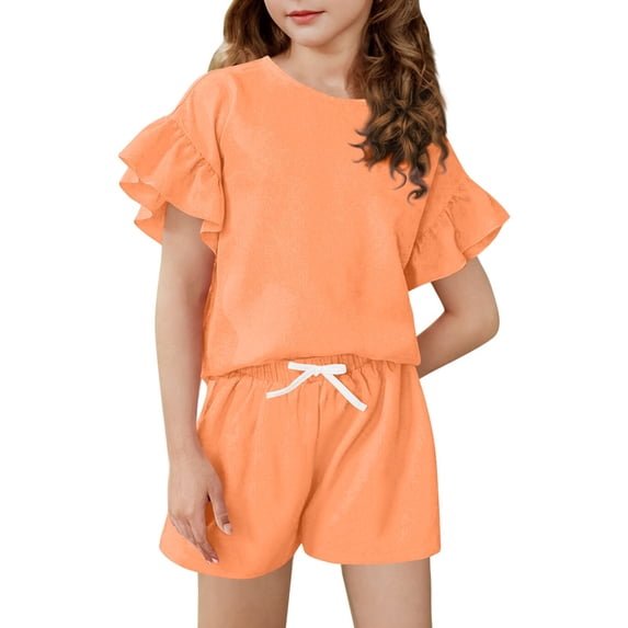 Girls Summer Outfits 2 Piece Sets Ruffle Short Sleeve Shirts and Shorts Set Kids Clothes With Pockets